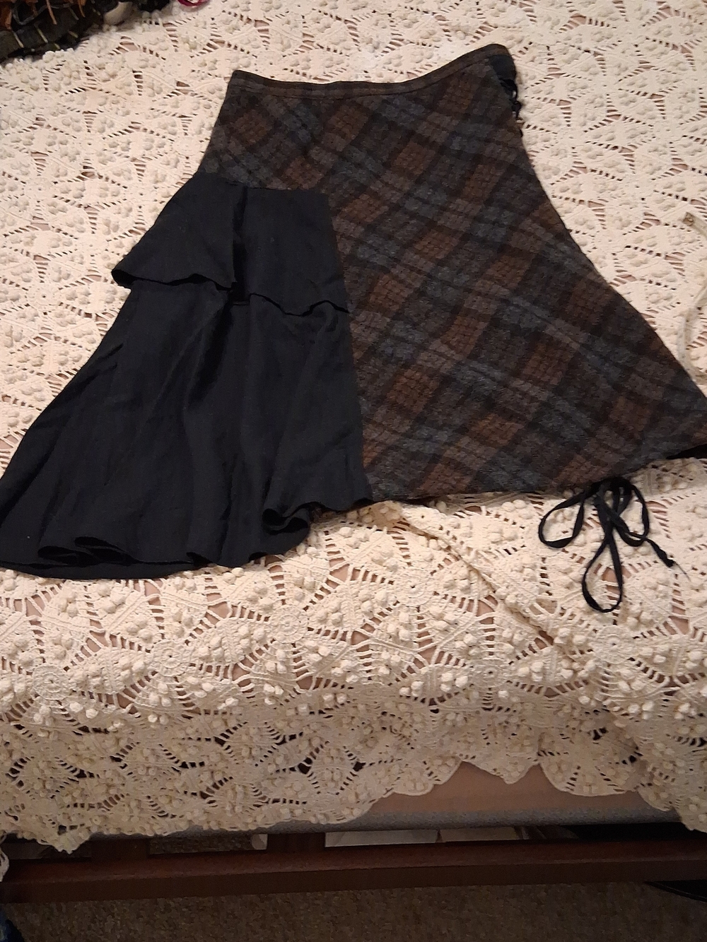 Wool Plaid & Black Rayon Asymetrical Skirt